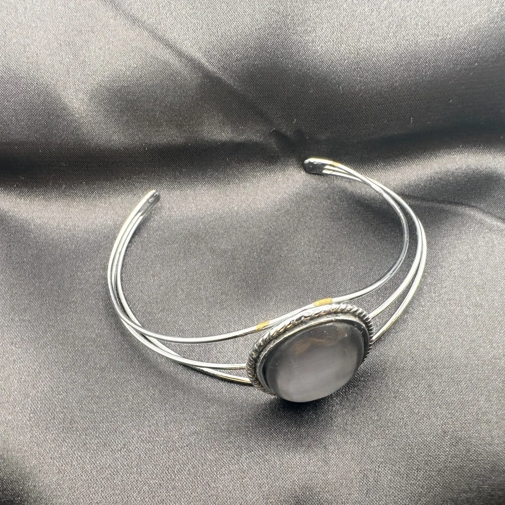 Vintage 80s Navajo Silver Tone Black Cabochon Rope‎ Cuff Bangle Bracelet Jewelry